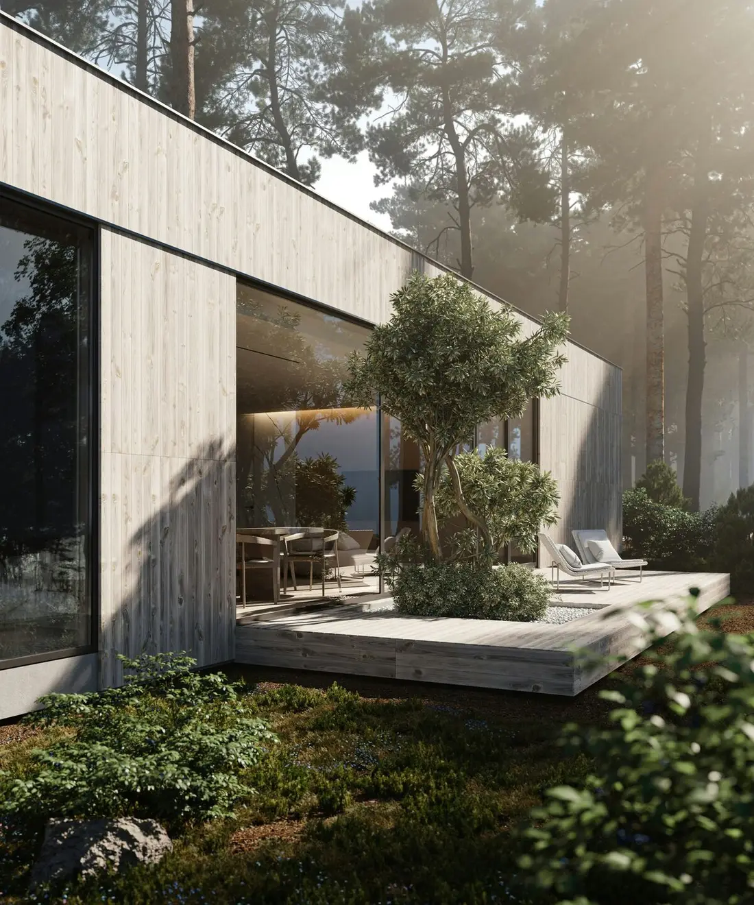 Render de patio interior en residencia contemporánea