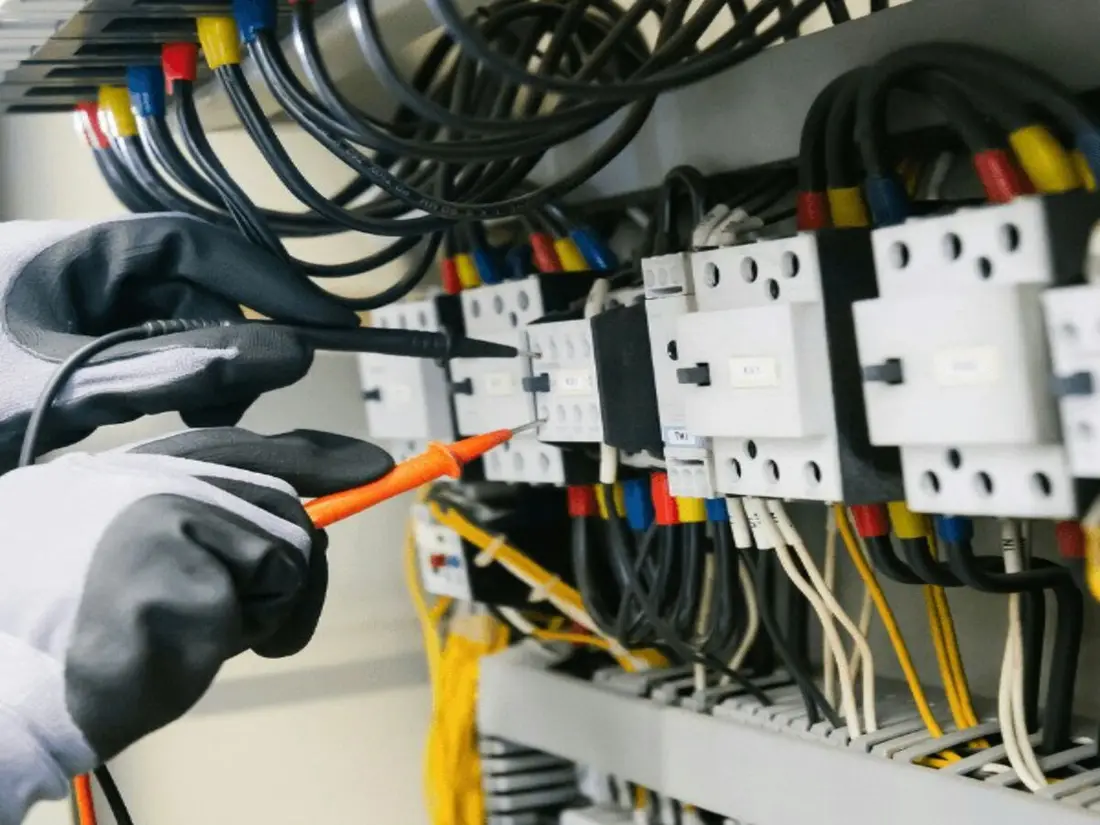 Electricista cableando tablero de control industrial